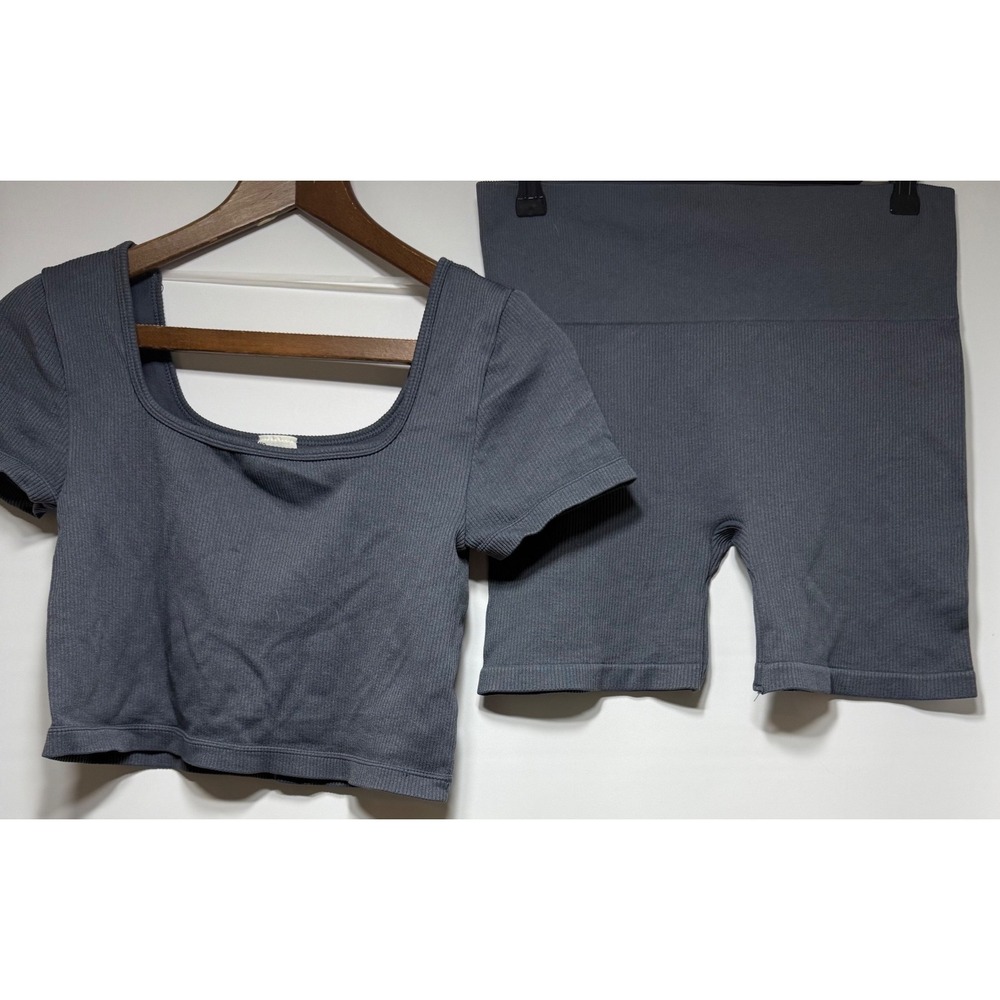 No Boundaries Gray Ribbed Seamless Set L‎ 12-14 Crop Top Biker Shorts Lounge Y2K